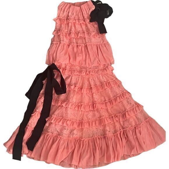 Brognano Salmon Pink Ruffled Lace Halter‎ Dress Romantic Tiered Size US 6 IT 42 - Picture 13 of 15